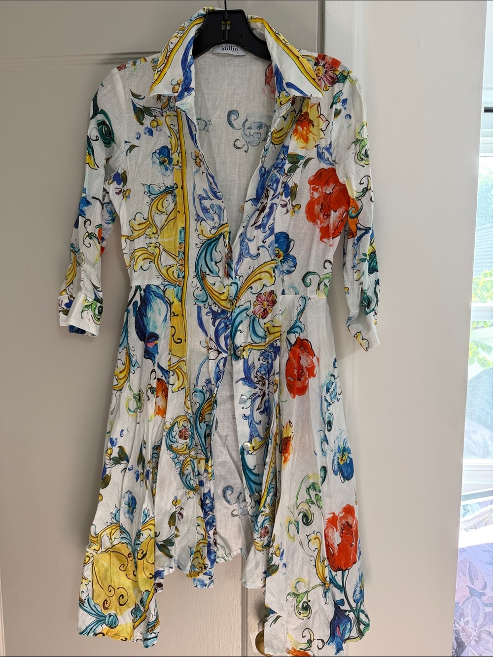 White Floral Print Shirt Dress with Vibrant Multi-Color Motif made in Positano
